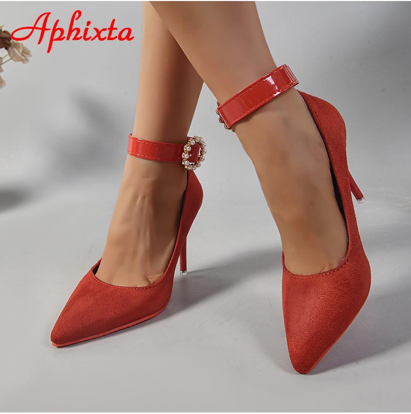 Fashion Aphixta Round Pearl Metal Belt Buckle 10cm Stiletto Heels Flock Pumps Women Banquet Shoes Strap Pimp Pointed Toe Big Size 35-50