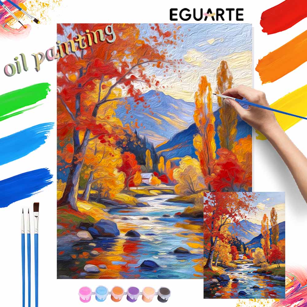 DIY Digital Oil Painting Kit Autumn landscape mountain river oil painting. handmade gift. home decoration.