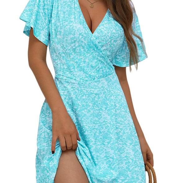 Summer Floral Short Sleeve Wrap V-Neck A Line Midi Dress