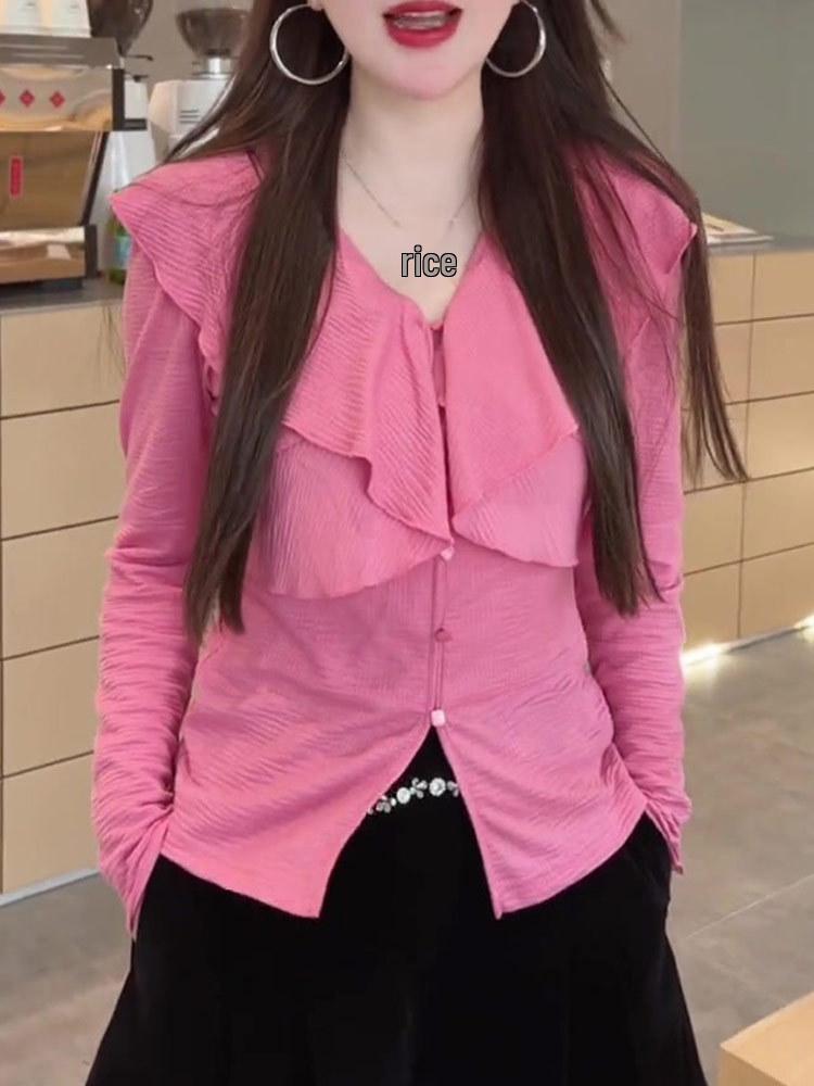 Chic Pink Ruffle Top: Women's Slimming, Flattering, Versatile Long Sleeve for 2025 Early Autumn.