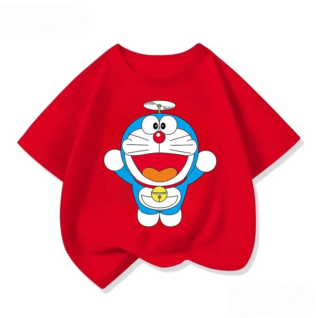 Cute Boys Girls Short Sleeve T Shirt Doraemon Cartoon Pattern Crew Neck Comfort Summer Casual Daily Wear 3 To 14Y