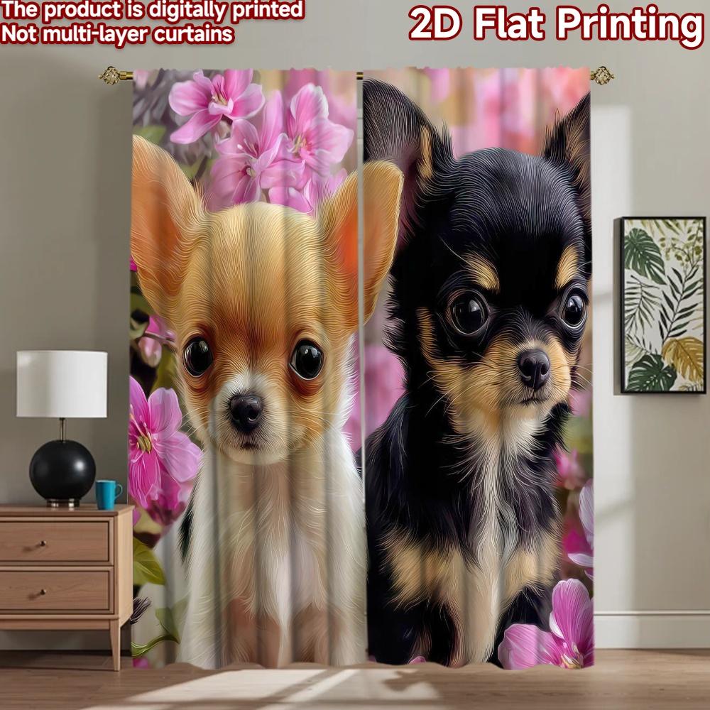 2D flat Photography Backdrop Scene Tapestry Chihuahua with Pink Flowers 100% Polyester Festive Wall Decor for Art party 60×150cm