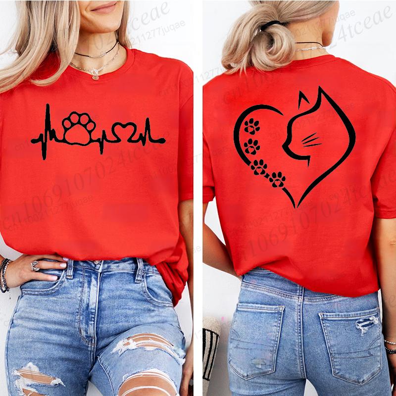 Cat Heart Women Print Tshirt Girl Short Sleeve Crew Neck TShirts Casual Top for Summer  Spring Cat Lover Womens Clothing