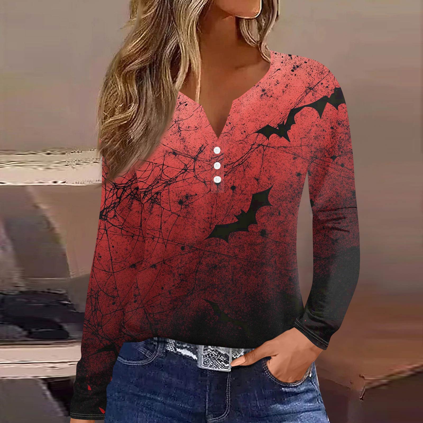 

Жен. Футболка Футболка на пуговицах с длинным рукавом Повседневные Выходные Мода Классический Топ с v-образным вырезом Обычный L красный