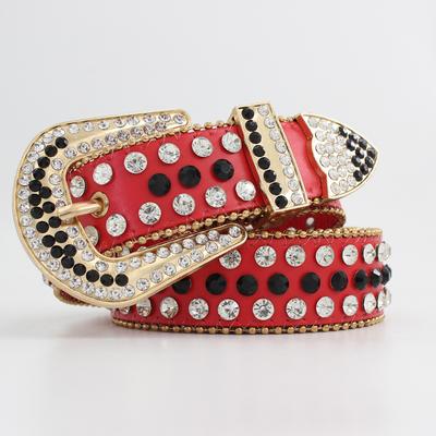 Women'S Rhinestone Inlaid Pin Buckle Three-Piece Set, Jeans Belt Light Luxury Red Wide Belt Three Sizes Optional