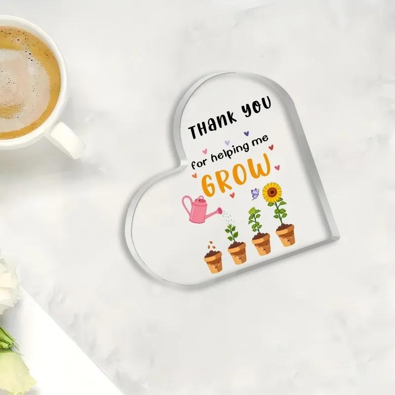 2D Flat "Thank You for Helping Me Grow" Heart-Shaped Acrylic Teacher Appreciation Gift Desktop Decoration Plaque, Home Decor Plaque Hanging Wall Art D