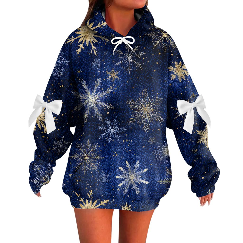 Ladies' Christmas Printed Bow Long Sleeved Loose Fitting Headband With Rope Hooded Sweatshirt Top