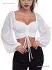 Summer V-Neck Chiffon Lantern Sleeve Drawstring Top