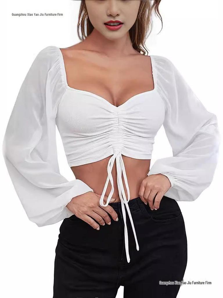 Summer V-Neck Chiffon Lantern Sleeve Drawstring Top