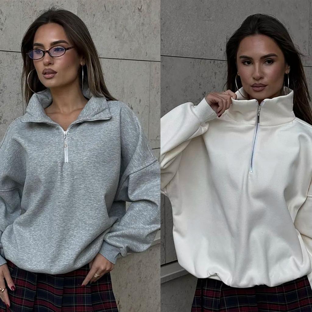 Solid Color Outer Wear Half Zipper Stand Collar Fashionable Trend Lapel Sweatshirt Loose Top