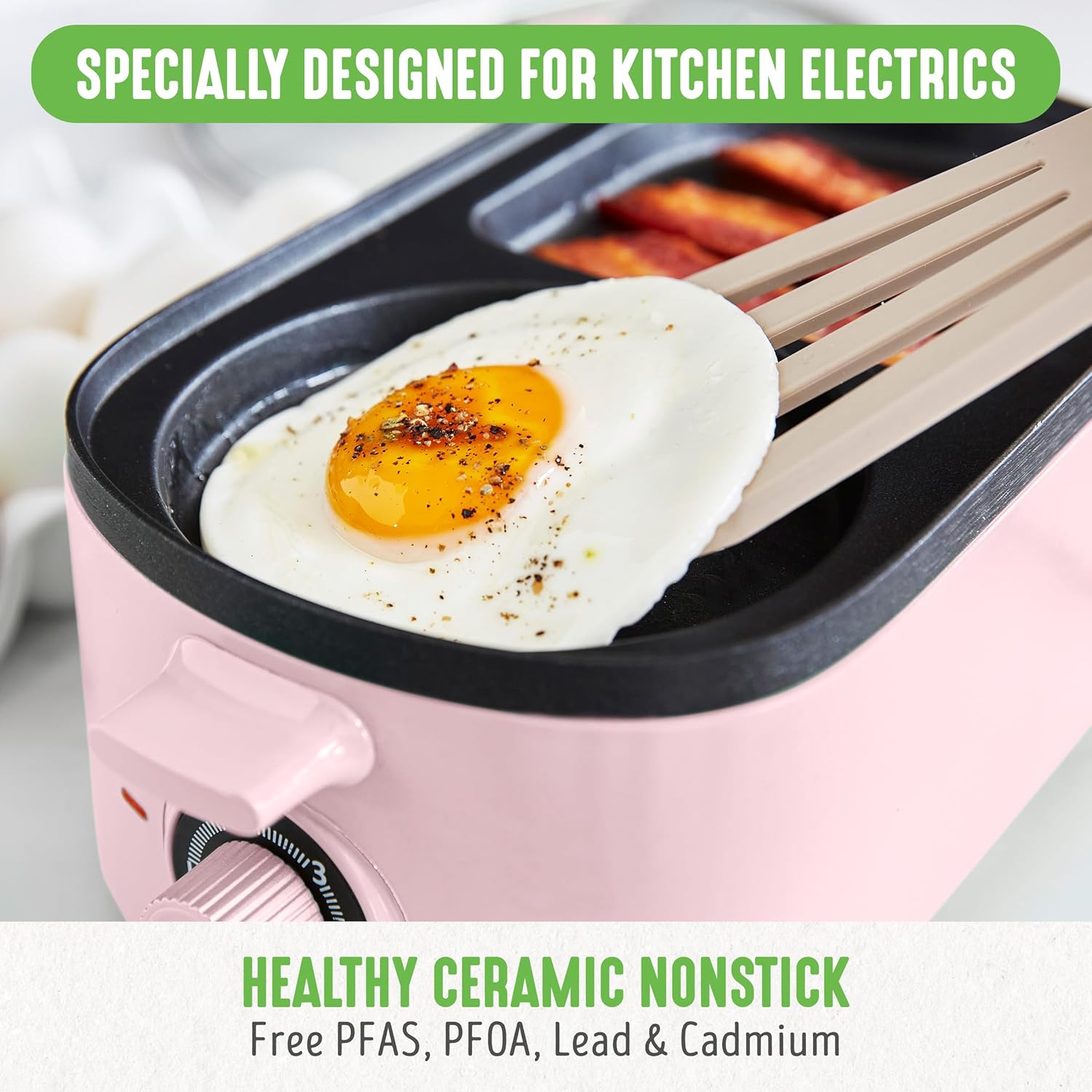 

3-in-1 Breakfast Maker, Ceramic Nonstick Griddles, 2-Slice Toast Drawer, Timer, Pink United States