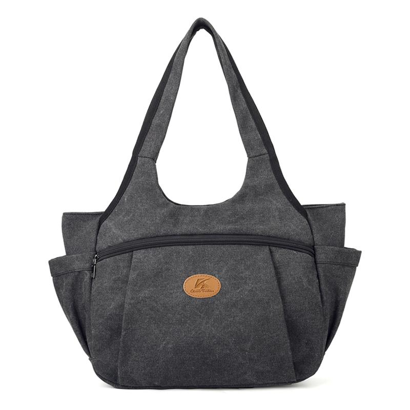 Vintage Women's Bag Large Capacity Canvas Tote Bag Solid Color Portable Shoulder Bag