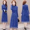 Herbst- und Winter Knie-lange Kleider Damen Mesh Strickkleider Spitze Strickkleider Halbrollkragen Pullover