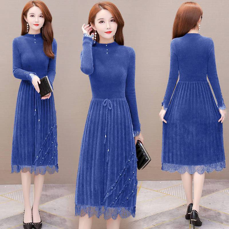 Herbst- und Winter Knie-lange Kleider Damen Mesh Strickkleider Spitze Strickkleider Halbrollkragen Pullover