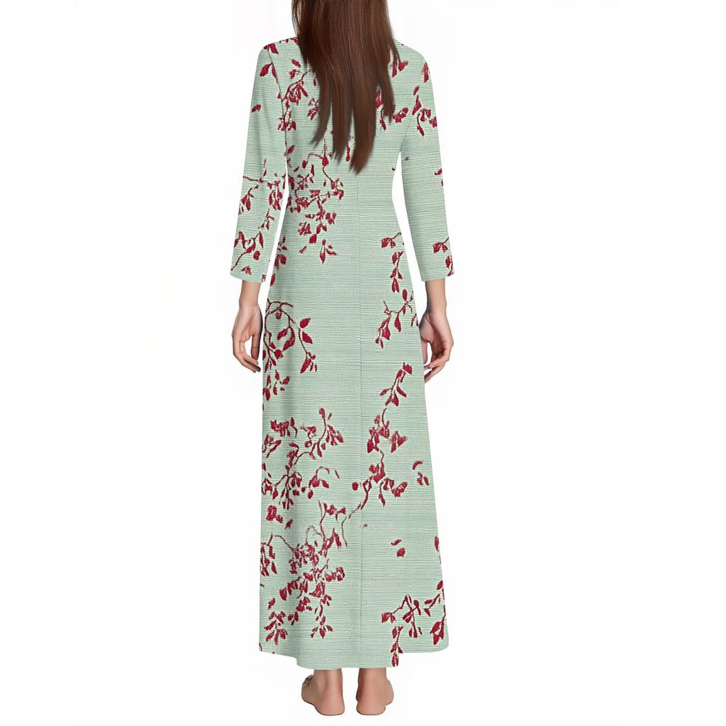 Women's Casual 3/4 Sleeve V-Neck Floral Print Maxi A-Line Beach Dress