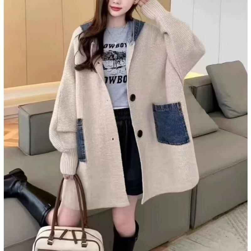 Women S Loose Hooded Long Casual Knit Cardigan Spliced Sweater