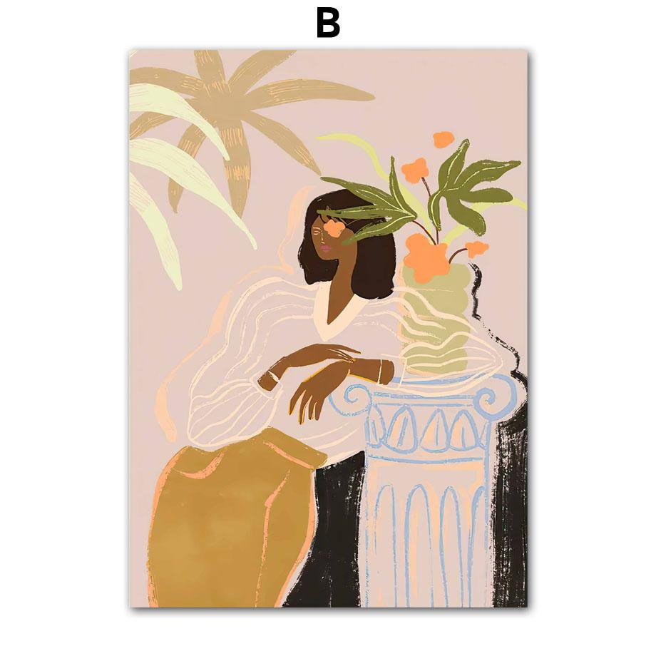 Retro Line Girl Lemon Flower LeafVase Abstract Gallery Poster And Prints Wall Art Canvas Painting Pictures For Living Room Decor