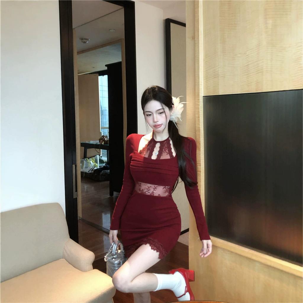 Black Lace Slim-fit Neck Spice Girl Style Dress Women's Clothing Autumn New Waist and Bottom Hip Skirt