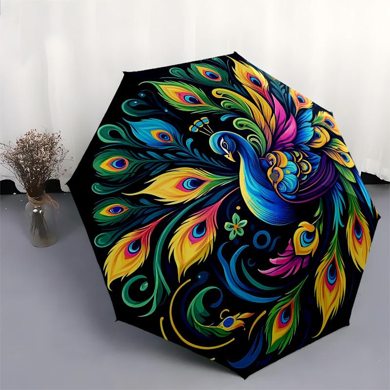 1pc Colorful Peacock Feather Auto-Open Close Umbrella - Portable Folding Design with 8-Bone Iron Frame, Outdoor, Gift for Fans, Travelers, Daily Use.J