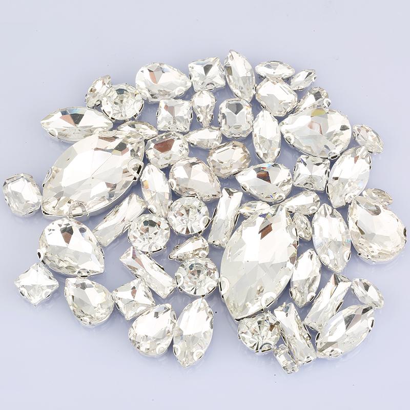 RESEN 55PCS Mixed Shape Mixed Size Crystal Sew On Rhinestone Sliver/Gold Claw Settings Sewing Glass Rhinestone for DIY Garment