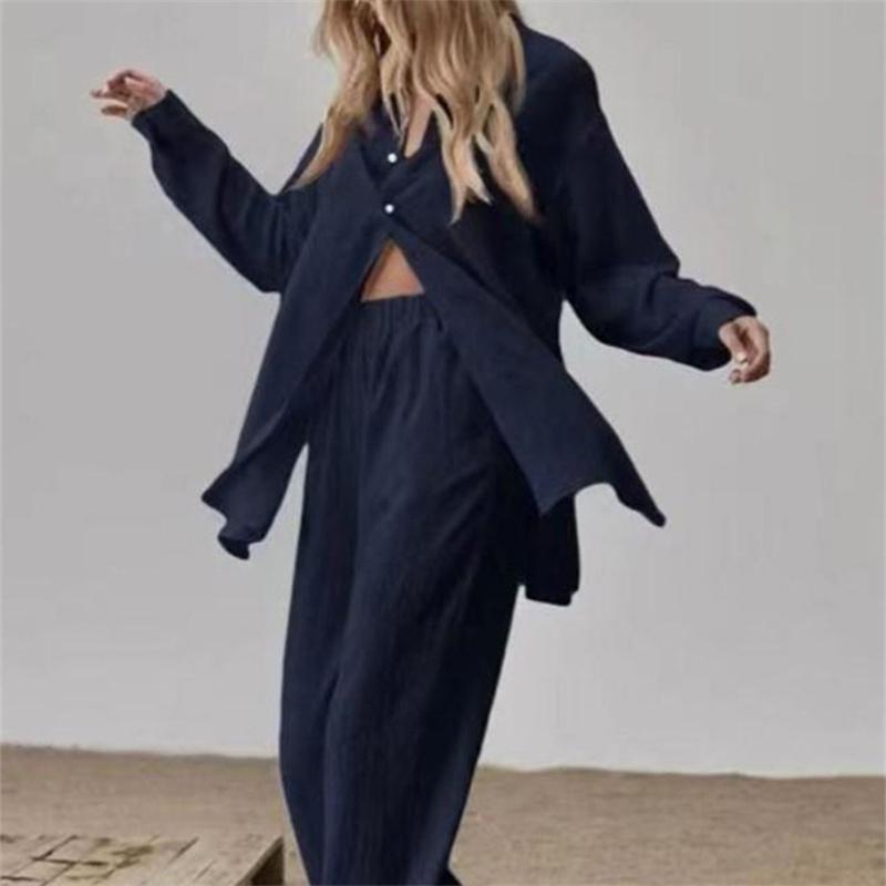 Jarní Elegantní Volný Módní Jednobarevný Outfit Dámské Košilové Obleky Dlouhý Rukáv Klopový Límec Košile A Elastické Kalhoty s Vysokým Pasem 2dílný Set