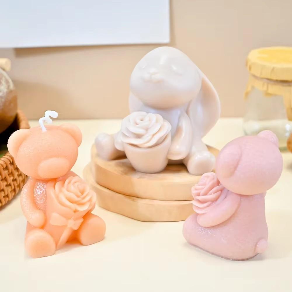 Hold Rose Rabbit Silicone Candle Molds Heart Teddy Bear Resin Moulds Valentine’s Day Gifts Animal Bunny Gypsum Wedding Decor