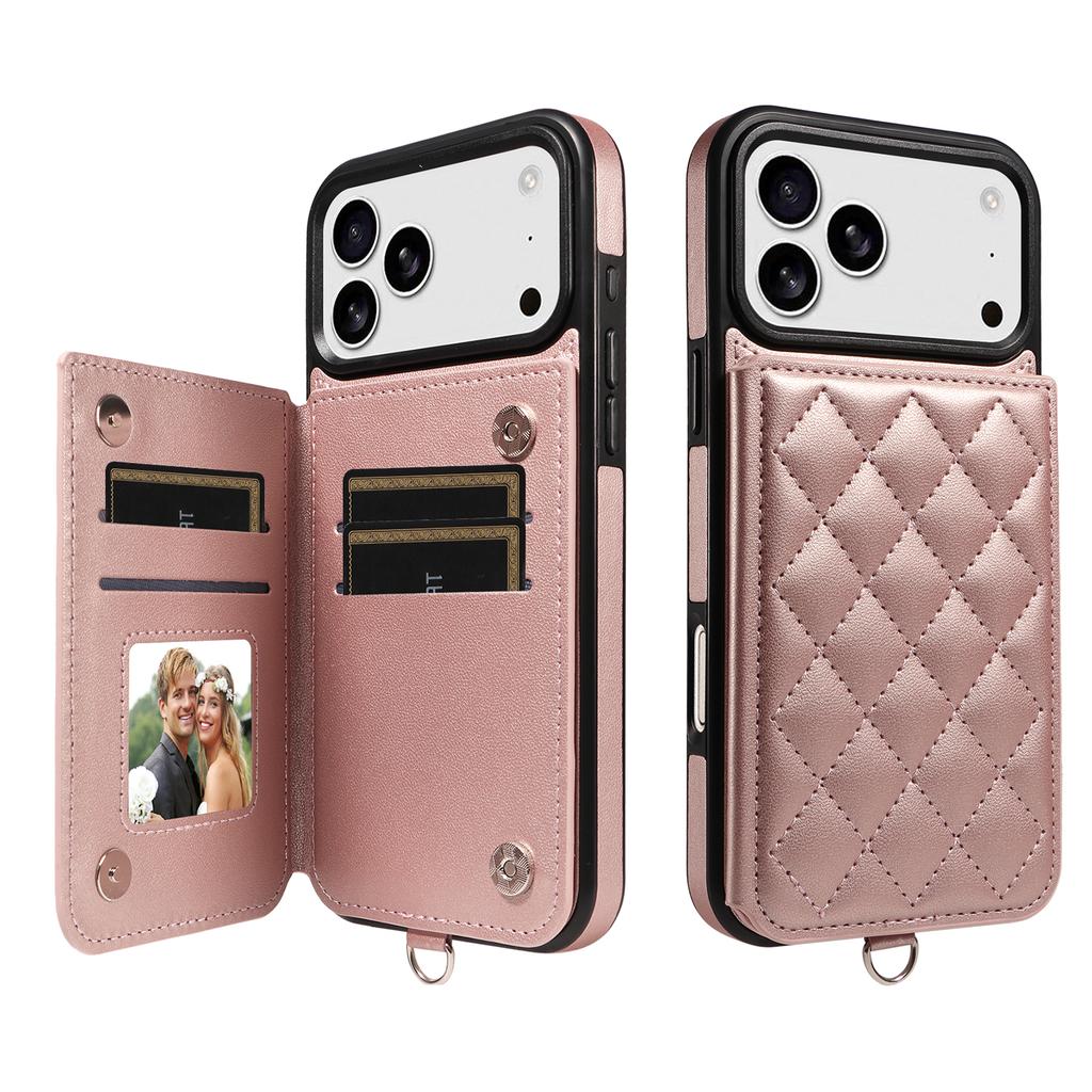 For iPhone 17 Pro Max Case Card Bag Kickstand Leather Coated TPU Phone Cover with Wrist Strap
