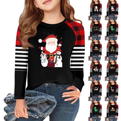 Mädchen Langarm Weihnachts-T-Shirts Kinder Herbst Oberteile Rundhals Basic T-Shirts 5-14J