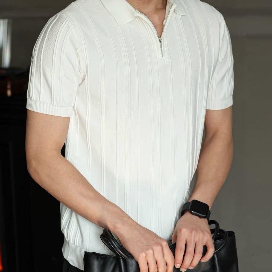 Leisure Men's Knit Short Sleeve Polo Shirts Vintage Solid Color Slim Fit Knitting Tops for Mens Summer Fashionable Pullover Polo