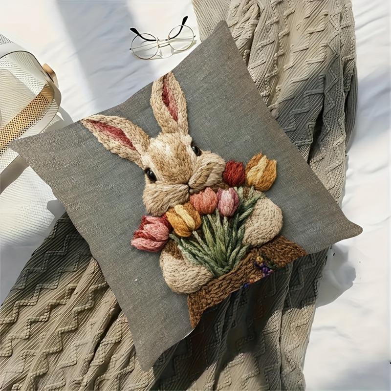 Rabbit With Tulips Throw Cushion Covers Chair Living Room Pillowcase Cozy Zipper Sofa Pillow Covers Bedroom Indoor Home Decor