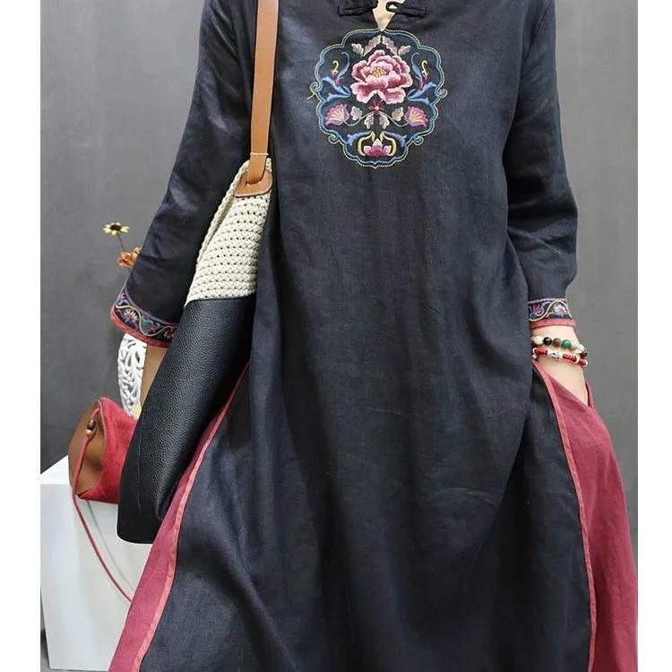Весенне-осенняя женская китайская ретро вышитая рубашка с воротником на пуговицах юбка платье XXXXL чёрный