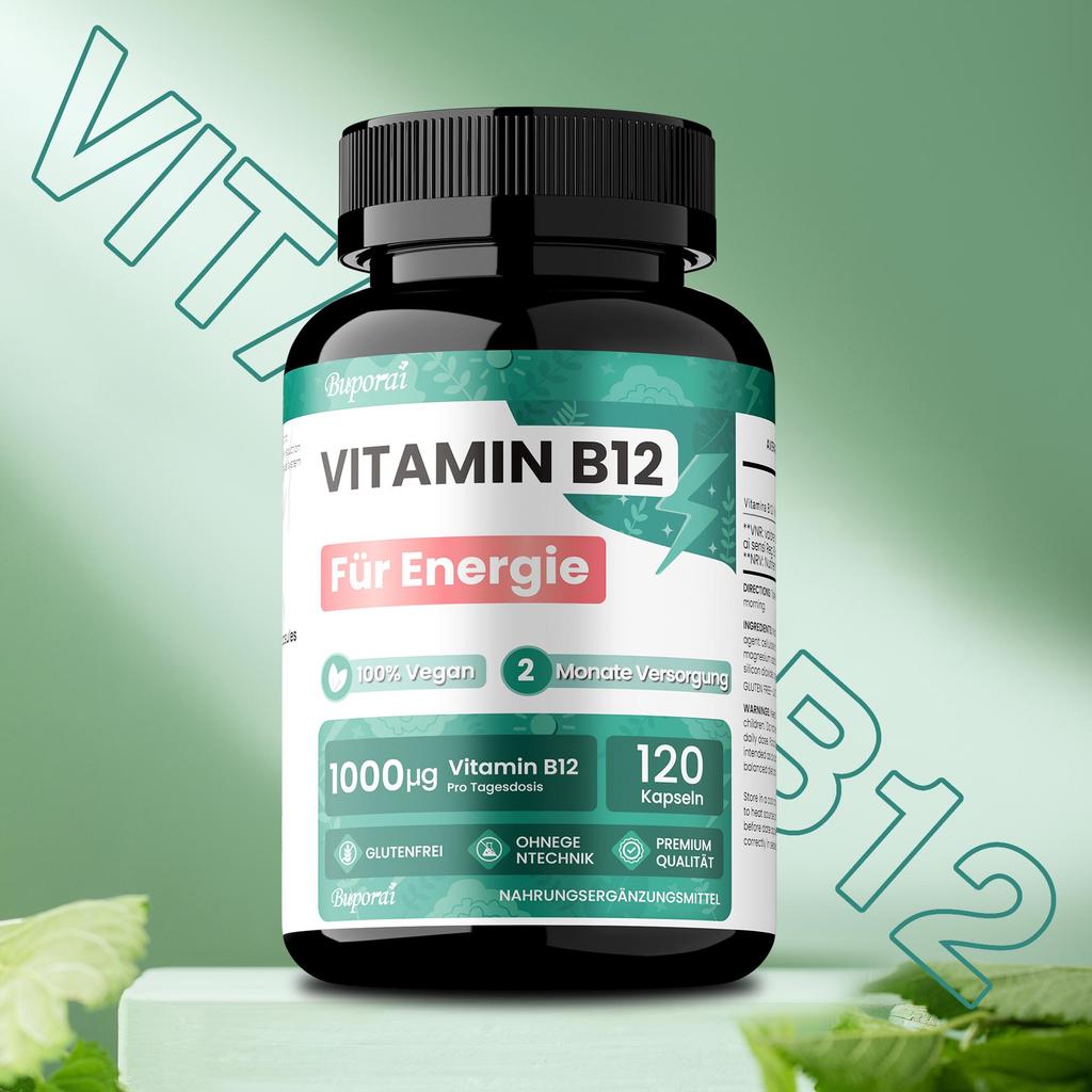 High-dose vitamin B12 dietary supplements support energy metabolism, nervous system function, and the immune system.