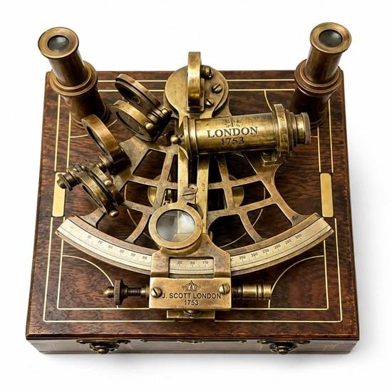 Nautical Brass J. Scott Ship Sextant with Wooden Box, Working Navigation Instrument, Maritime Collectible, Antique Brass Sextant Gift