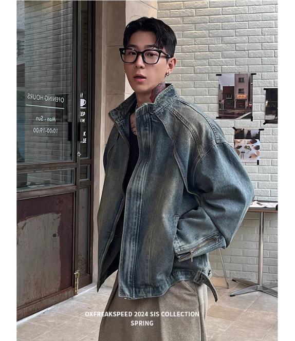 Herren American Retro Gewaschene Jeansjacke - Schwer, Lockerer Schnitt, Trendig, Lässig, Frühling Reißverschluss Arbeitskleidung