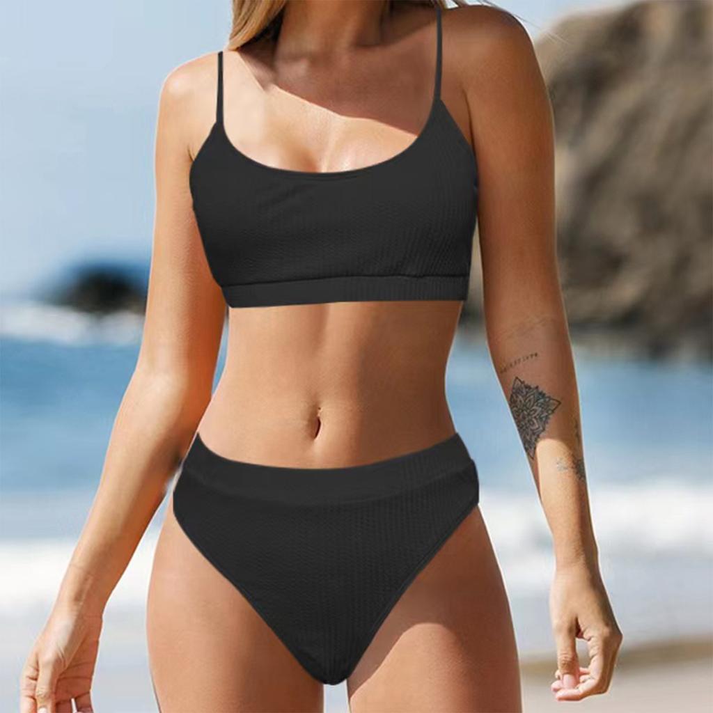 Women's Solid Color Split High Waist Sexy Bikini With Chest Pad Without Steel Bra Swimsuit