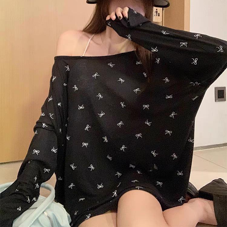 

2025 летние футболки с длинным рукавом и принтом бантов для женщин, повседневные, свободные и тонкие, слегка прозрачные, солнцезащитные, закрывающие верх, белые, черные футболки one size чёрный