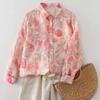 Autumn Pink Floral Shirt Linen Small Shirt French Literary Printing Shirt All-match Women