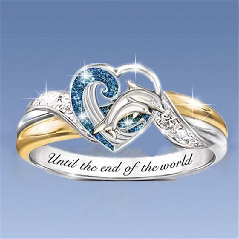 

Personalized jewelry two-tone heart ring dolphin blue color diamond ring women s jewelry no. 6