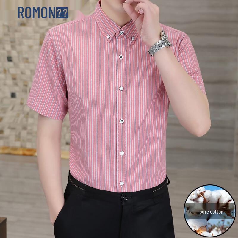 ROMON Men s 100% Cotton Business Casual Striped Short-Sleeve Shirt 52(180/96A)
