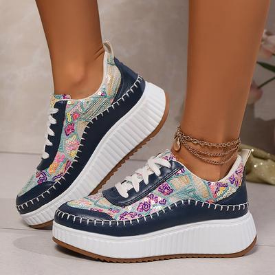 Fashion Colored Sequins Platform Sneakers Women Thick Bottom Lace Up Walking Shoes Woman Comfort Non Slip Sports Shoes Ladies