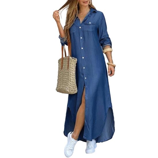 

Women Spring Summer Dress Split Irregular Hem Long Sleeves Leopard Print Single-breasted Dress-up Turn-down Collar Camouflage Print Plus Size Maxi M синий