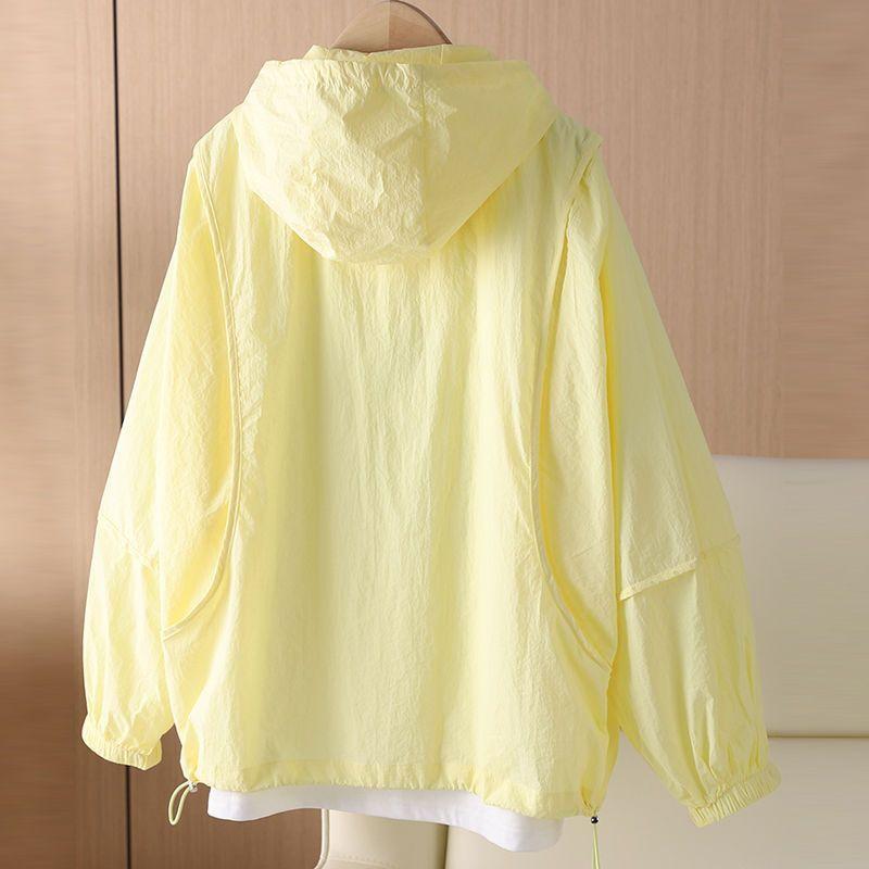 Dámská žlutá lehká sluneční bunda s kapucí volného střihu na zip ležérní svrchní oblečení