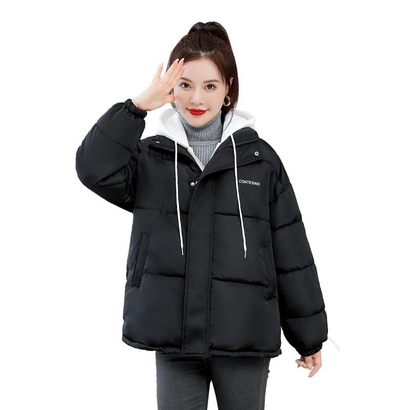 Short cotton-padded women's 2 new cotton-padded winter large size loose thickened fake two-piece knitted hat down cotton bread jacket