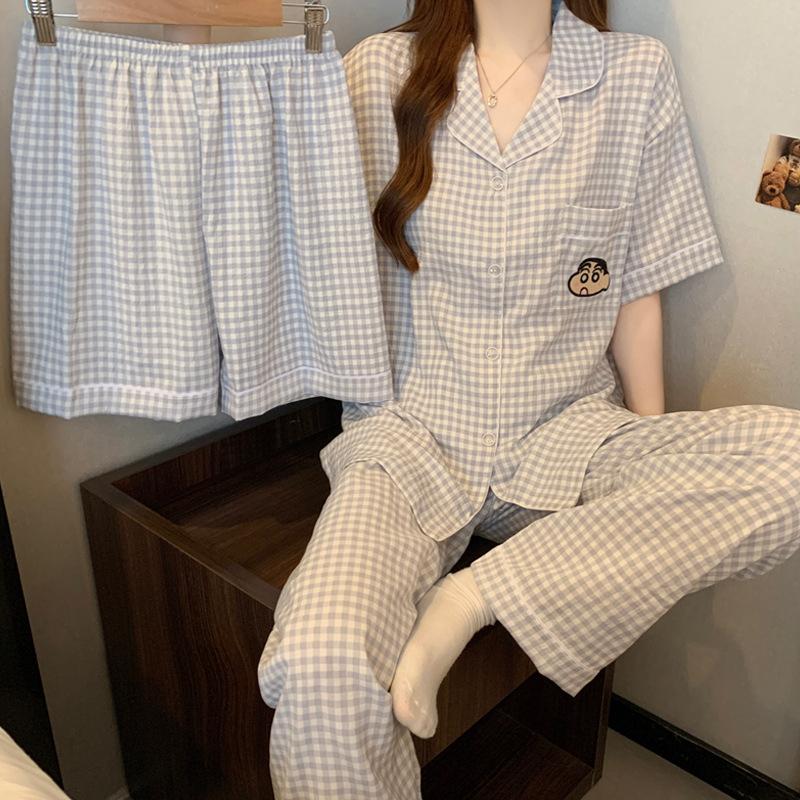 Plaid Style Crayon Small New Cloud Cotton Pajamas Women'S Summer High-Value Short-Sleeved Three-Piece Set