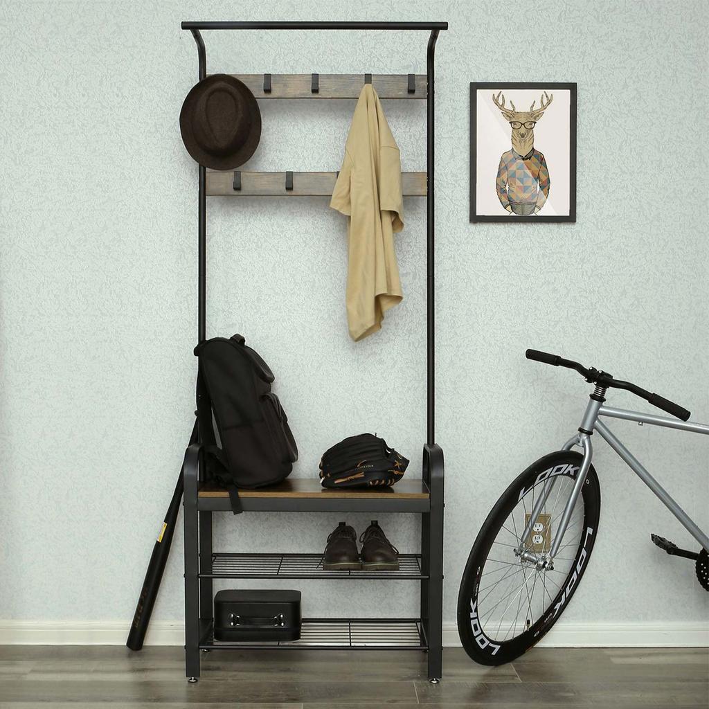 VASAGLE Coat Rack, Coat Stand with Shoe Storage Bench, 4-in-1 Design, with 9 Removable Hooks, a Clothes Rail, for Hallway, Entrance
