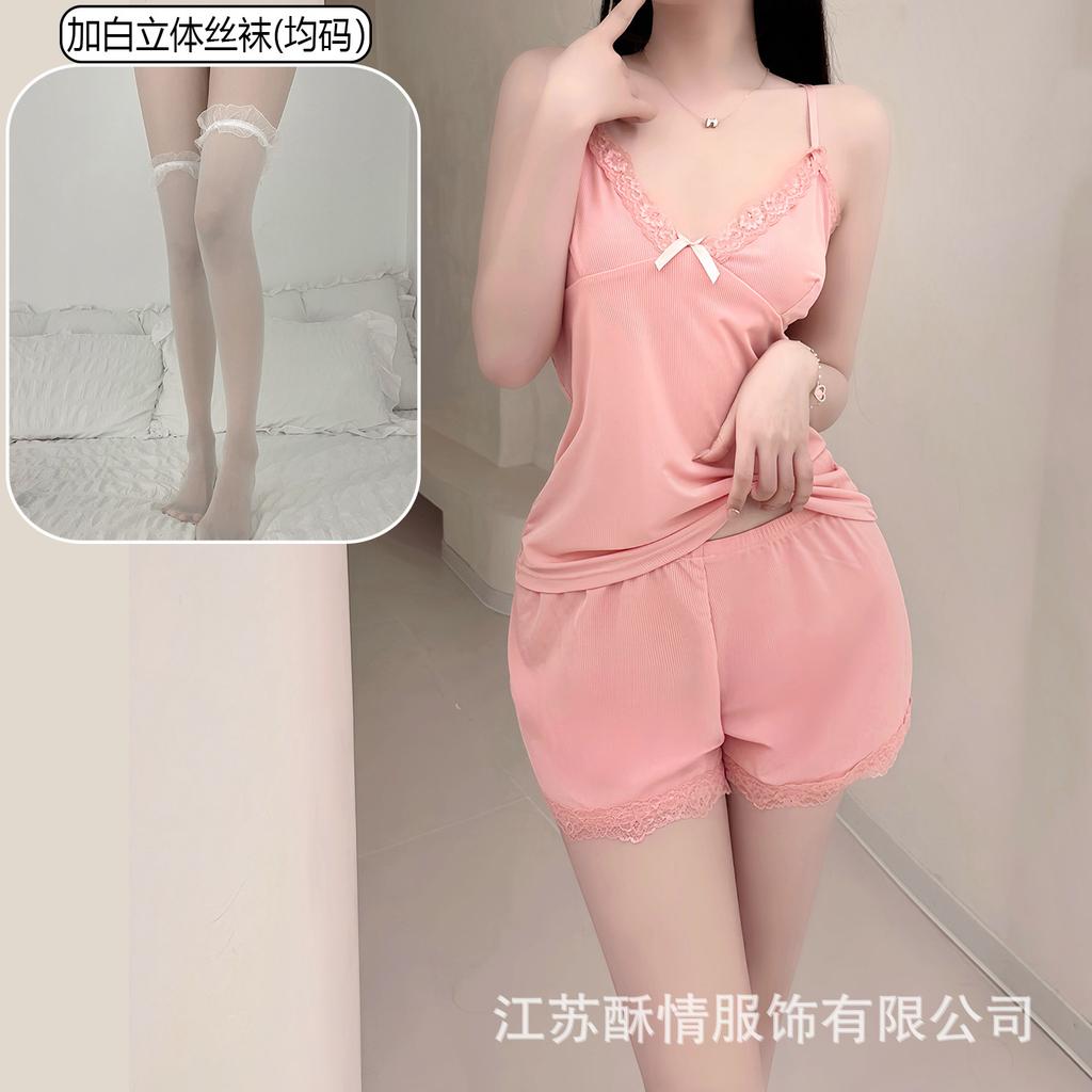 Crispy new suit suspender plus shorts lace red edge pink home bow solid color girl heart
