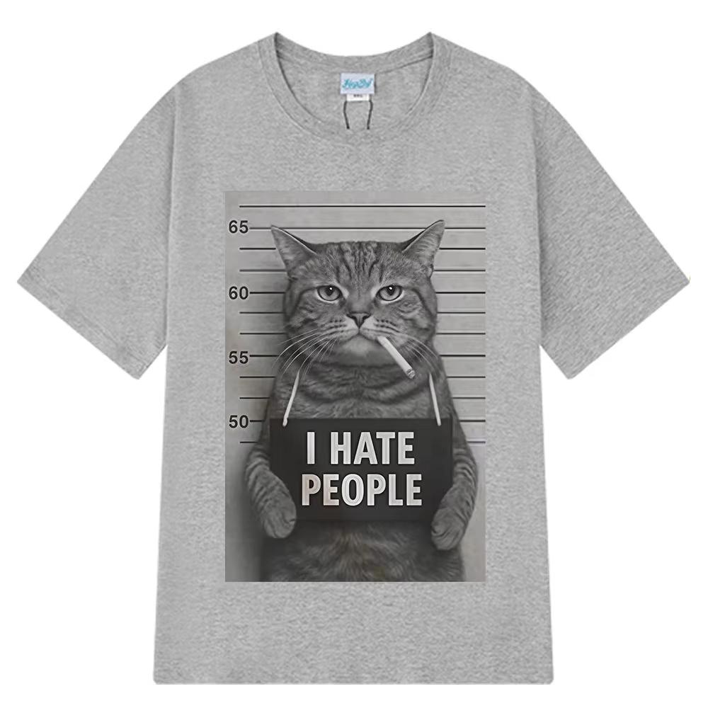 I Hate People Meow Print Tshirt Fun Cat Print T Shirts Men Women Loose Short Sleeve Clothing Harajuku Cotton Casual Tshirts
