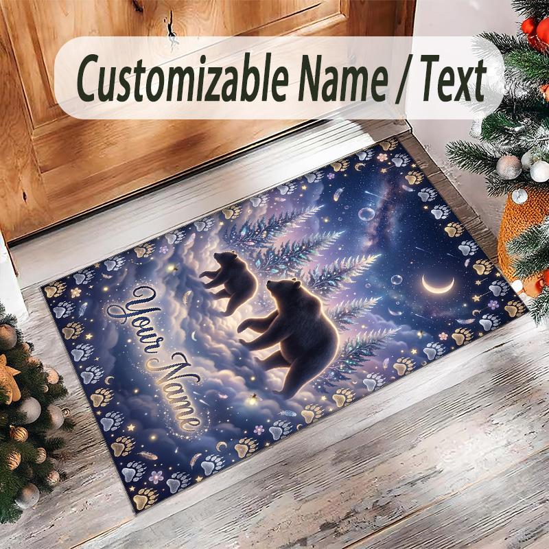 Teddy Bear Theme Crystal Velvet Rug Personalized Custom Name Text Soft Floor Mat Home Decor