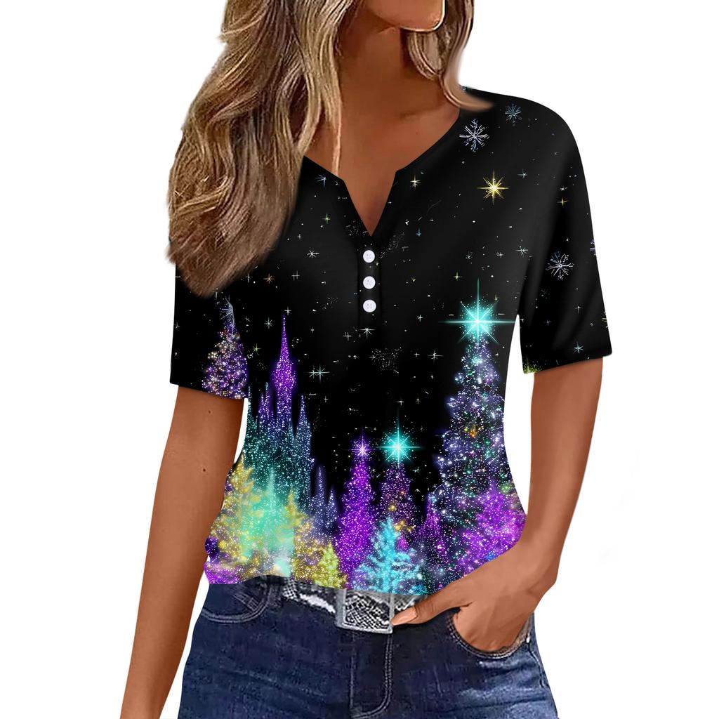 Women's T Shirt Christmas Print Button Short Sleeve Daily Weekend Fashion Basic V- Neck Regular Top