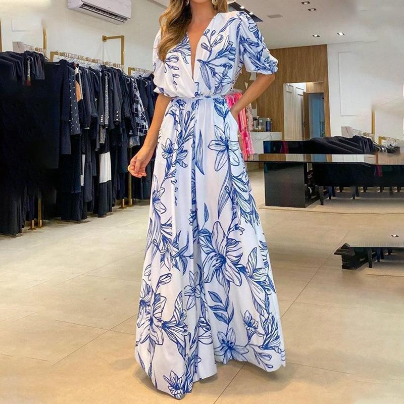 Summer new women s fashion V-neck loose mid-length printed dress S